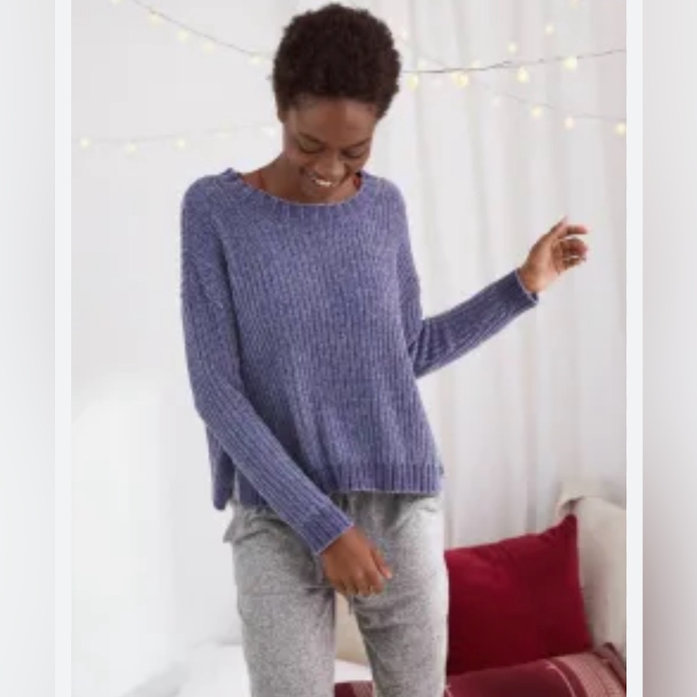 Aerie chenille slate blue sweater size small - Picture 2 of 6